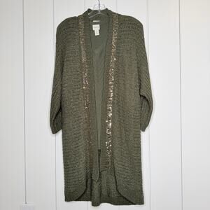 Chico’s Olive Green Knit Shell & Sequin Longline Cardigan Set Size 1 / Medium
